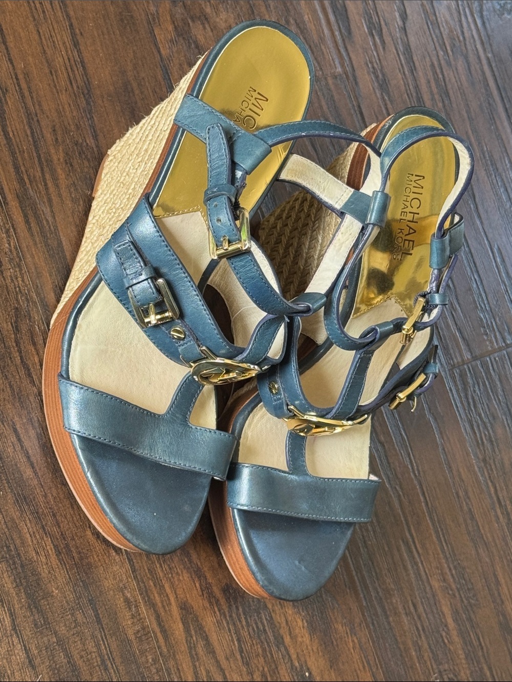 Michael Kors Teal Leather Espadrille Wedge Sandals with Gold Accents